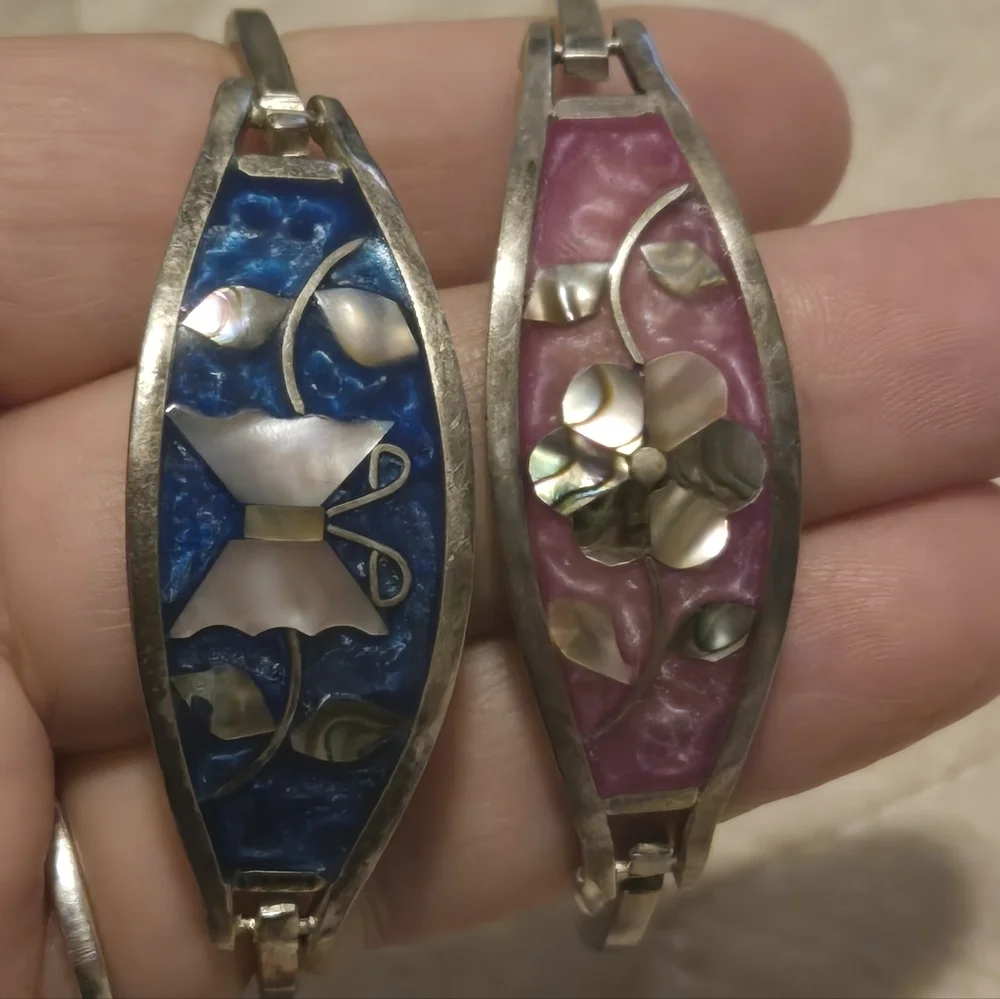 Vintage Mother Of Pearl Silver Bracelets One Blue and Pink Color.
